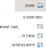 בכרטיסיית הוספה שברצועת הכלים, בחר תמונות ולאחר מכן, בתפריט, בחר את סוג התמונה הרצויה.