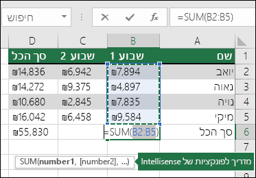 תא B6 מציג את נוסחת Sum בשם סכום אוטומטי: ‎=SUM(B2:B5)‎