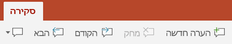 הכרטיסיה 'סקירה' של רצועת הכלים ב- PowerPoint במחשבי Tablet של Android כוללת לחצנים לשימוש בהערות.