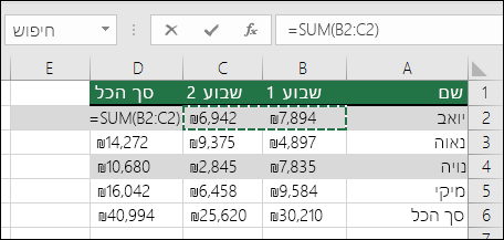 תא D2 מציג את נוסחת Sum בשם סכום אוטומטי: ‎=SUM(B2:C2)‎