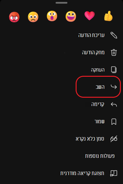 תיבה אדומה מסמנת את האפשרות השניה בתפריט אפשרויות נוספות, שהוא תשובה.