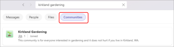 תמונה המציגה מילת מפתח שהוקלדה בסרגל החיפוש כאשר מסנן 'קהילות' מסומן.