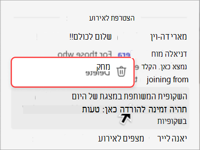 צילום מסך שמראה כיצד למחוק הודעה בצ'אט של העירייה.