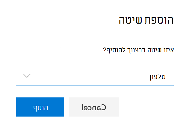 התיבה 'הוסף שיטה', כאשר האפשרות 'טלפון' נבחרה