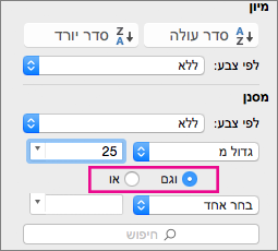 בתיבה 'מסנן', בחר AND או OR כדי להוסיף קריטריונים נוספים