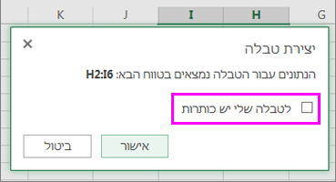 תיבת דו-שיח להמרת טווח נתונים לטבלה