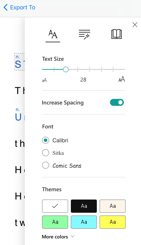 תיבת הדו-שיח 'העדפות טקסט' ב'קורא ממכר' ב- Microsoft Lens עבור iOS.