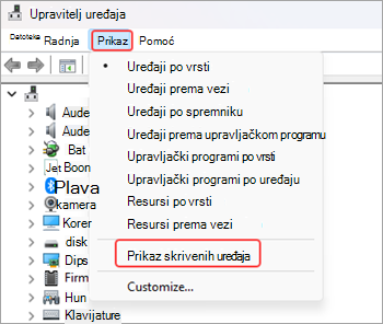 Snimka zaslona s Upravitelj uređaja s odabranom mogućnošću Prikaz na vrpci izbornika, a mogućnost Pokaži skrivene uređaje označena crvenom bojom.