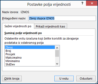 Dijaloški okvir Postavke polja vrijednosti za mogućnosti Sažmi vrijednosti po