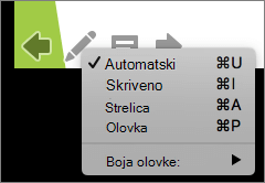 Snimka zaslona prikazuje mogućnosti dostupne za pokazivač koji se koristi u dijaprojekciji. Mogućnosti su Automatski, Skriveno, Strelica, Olovka i Boja olovke.