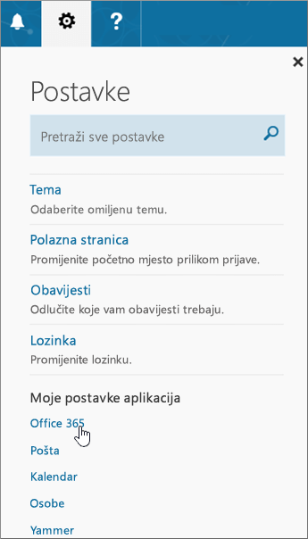 Okno Postavke sustava Office 365