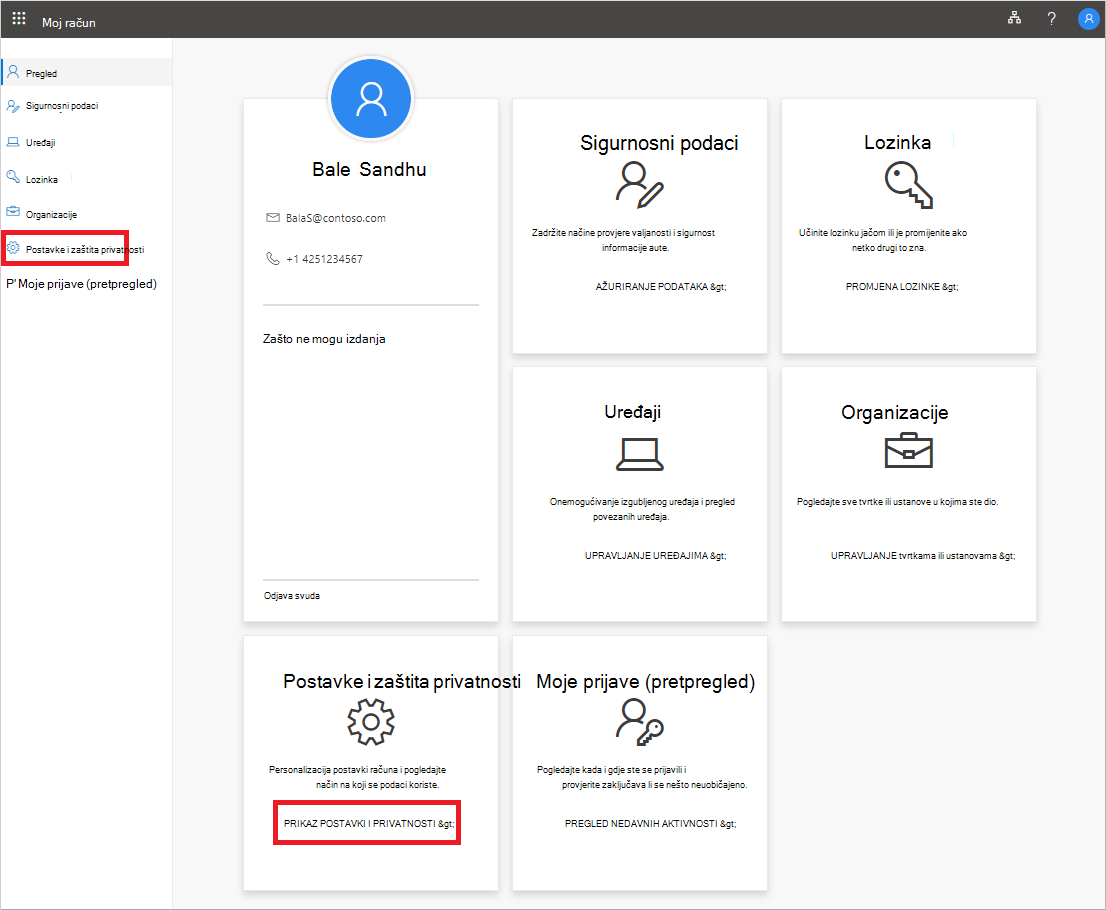 My Account page, showing highlighted Postavke and Privacy link