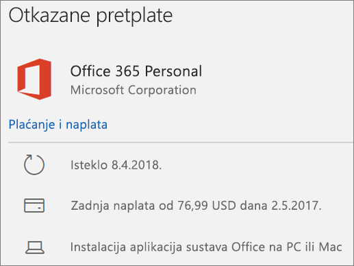 Pokazuje pretplatu na Office 365 koja je istekla