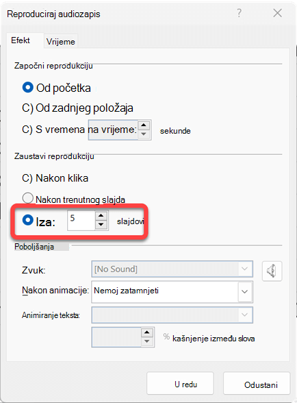 Možete odrediti broj slajdova preko koje će se audioisječak reproducirati.