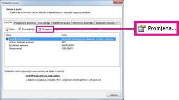 Naredba Promijeni u dijaloškom okviru Postavke računa