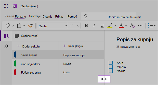 Snimke zaslona, koje pokazuju, na koji način promijeniti veličinu navigacijskih okna programa OneNote