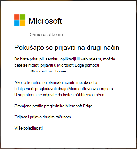 prikazuje se kada je potrebna prijava u preglednik Edge