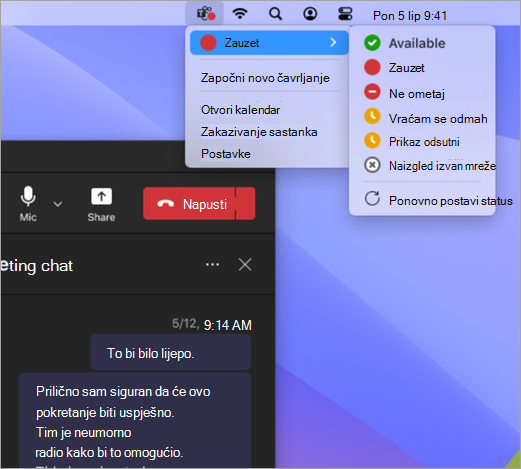 Snimka zaslona s prikazom izbornika brzih radnji za Teams na Macu.
