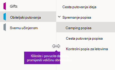 Promjena veličine navigacijskih okna u programu OneNote za Windows 10