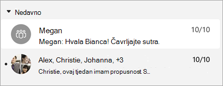 Snimka zaslona s porukama s pretpregledom poruke koja prikazuje i vremensku oznaku.