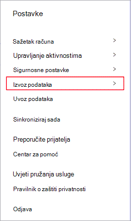 Izbornik postavki aplikacije Dashlane s istaknutom mogućnošću Izvezi podatke.