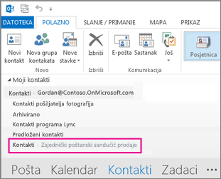 Zajednički popis kontakata koji se prikazuje u oknu Kontakti u programu Outlook