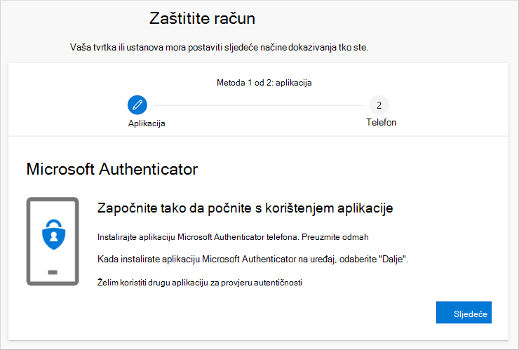 Čarobnjak za održavanje sigurnosti računa s prikazanom stranicom za preuzimanje aplikacije Authenticator