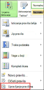 Izbornik Uvjetno oblikovanje na kojem je istaknuta mogućnost Upravljanje pravilima