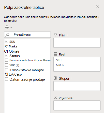 Polja zaokretne tablice u Excel za web