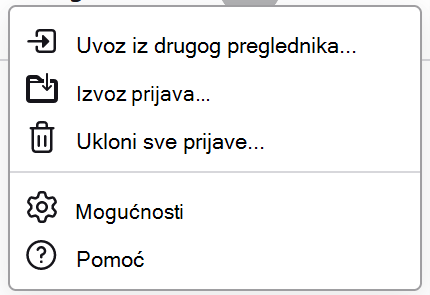 Izbornik lozinki u pregledniku Firefox s prikazanim dostupnim izvozom prijava.