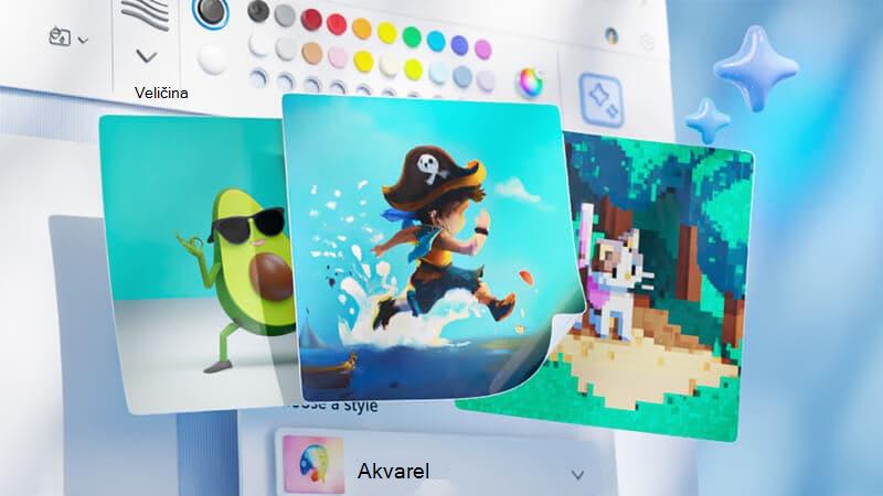 Kreativna slika koja prikazuje tri primjera onoga što možete stvoriti uz Paint Cocreator. Slike se sastoje od gusara iz crtića koji trči po vodi, polovine avokada koja pleše sa sunčanim naočalama i mačkom iz igre Minecraft u šumi.