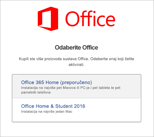 Odaberite vrstu licence sustava Office 2016 za Mac