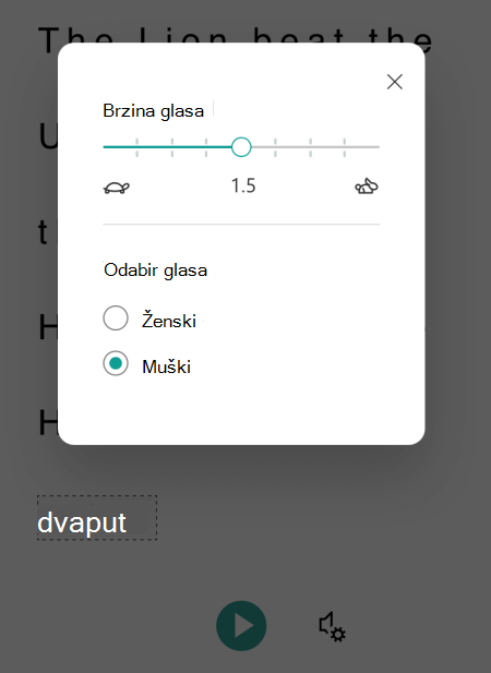 Dijaloški okvir Mogućnosti glasa u programu Immersive Reader za Microsoft Lens za iOS.