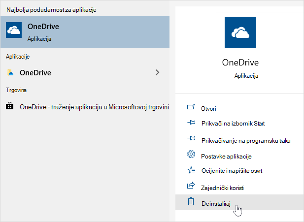 Deinstalacija aplikacije Iz trgovine OneDrive