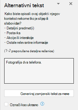 U oknu zamjenskog teksta prikazuje se primjer neispravnog zamjenskog teksta.