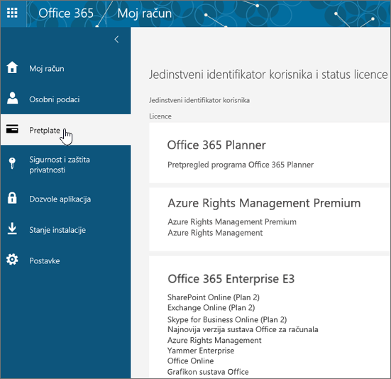 Stranica Pretplate na Office 365