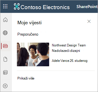 Snimka zaslona koja prikazuje odjeljak Moje vijesti na stranici web-mjesta sustava SharePoint.