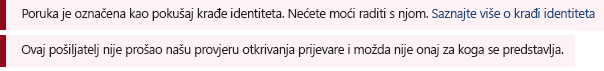 Snimka zaslona s crvenom sigurnosnom trakom u poruci programa Outlook.