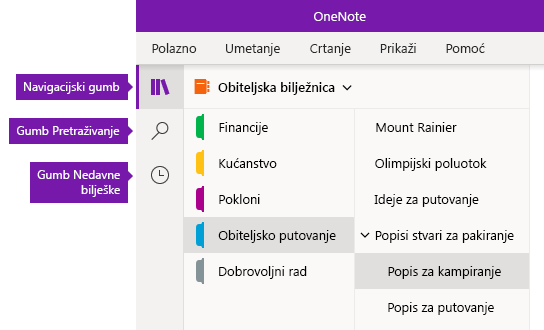 Navigacijska traka u programu OneNote za Windows 10