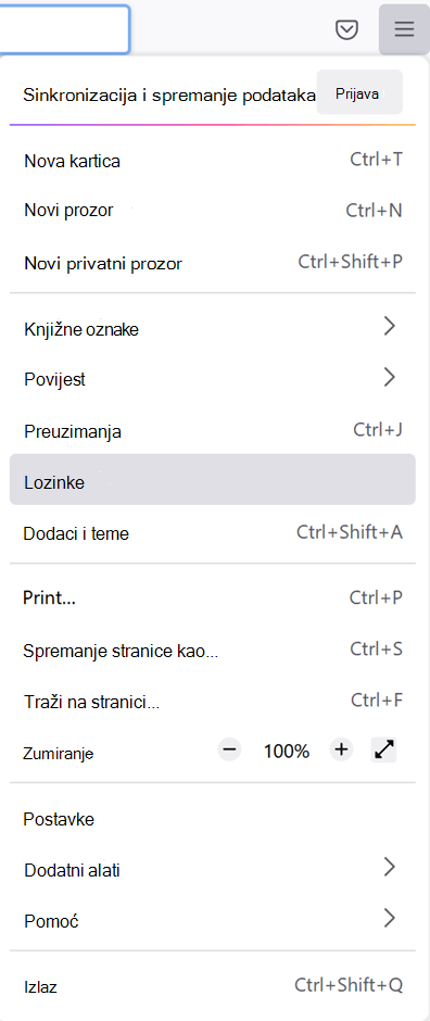 Glavni izbornik u pregledniku Firefox s odabranom mogućnošću Lozinke.