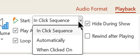 Na kartici Reprodukcija audiodatoteka postoje tri mogućnosti početka reprodukcije zvuka.