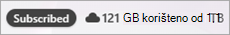 Snimka zaslona na kojoj se prikazuje značka Pretplaćeno i iskorišten prostor za pohranu na servisu OneDrive