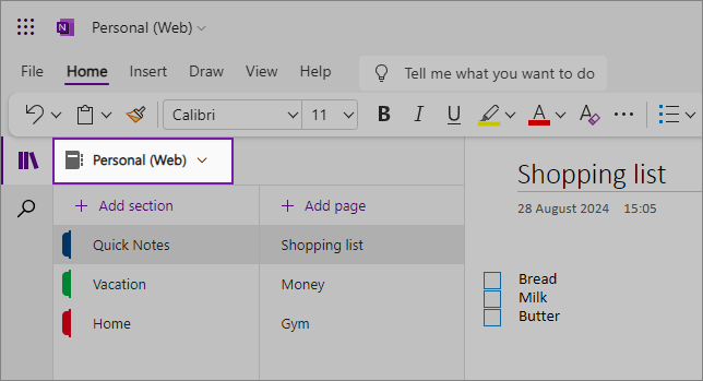 Prikaz web-korisničkog sučelja UI programa OneNote s prikazom područja sadržaja