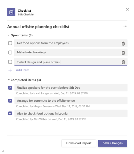 Rezultati kontrolnog popisa u aplikaciji Microsoft Teams