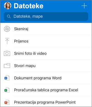 Snimka zaslona izbornika za dodavanje u aplikaciji OneDrive za iOS