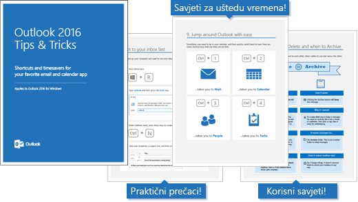 Naslovnica eKnjige Savjeti i upute za Outlook 2016; unutarnje stranice prikazuju neke savjete