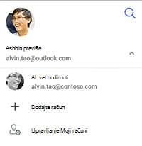 snimka zaslona s mogućnošću promjene računa, dodavanja računa ili upravljanja računima