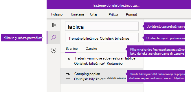 Mogućnosti okna za pretraživanja u programu OneNote za Windows 10