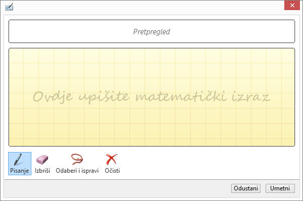 Prikazuje okno za rukom napisane jednadžbe u programu Word