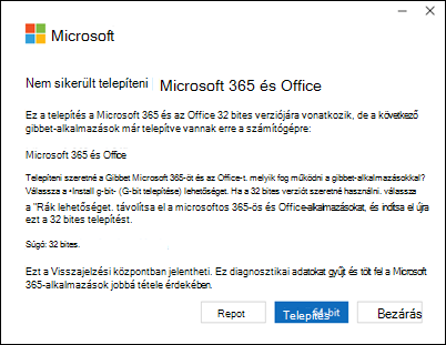 Nem sikerült telepíteni a Microsoft 365-öt hiba